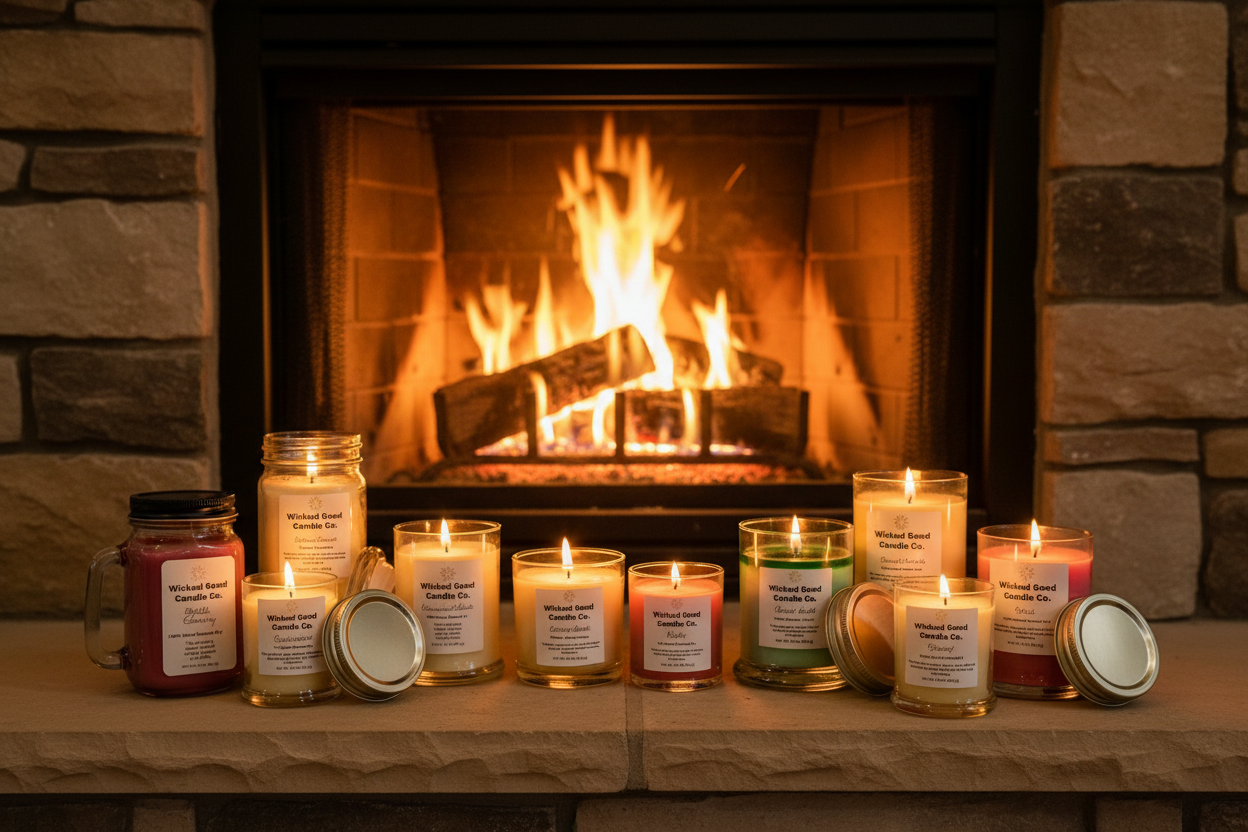 Wicked Good Candle Co. assorted jar candles by fireplace