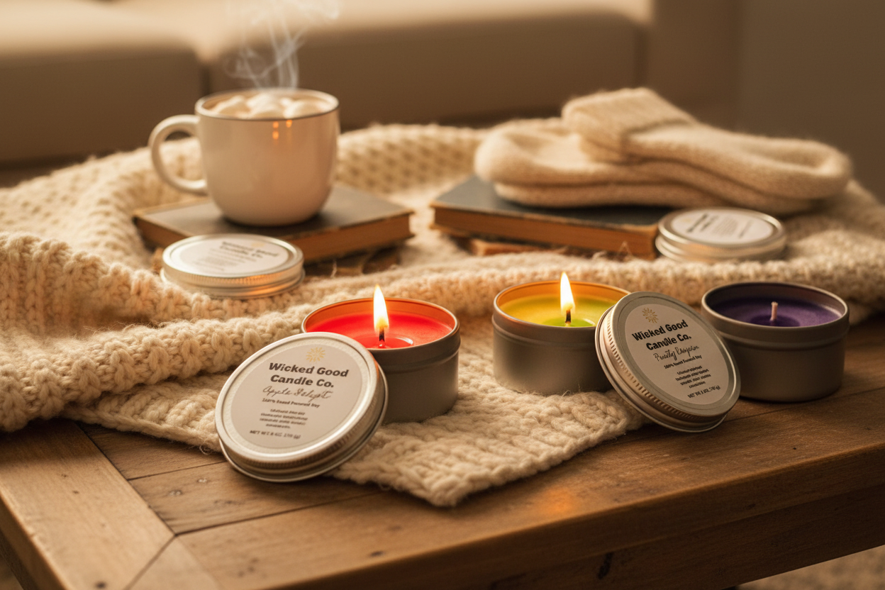 Wicked Good Candle Co. tin candles with two burning
