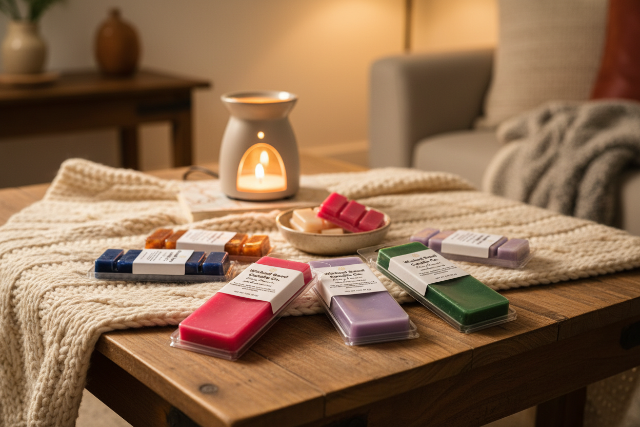 Wicked Good Candle Co. wax melts in cozy setting