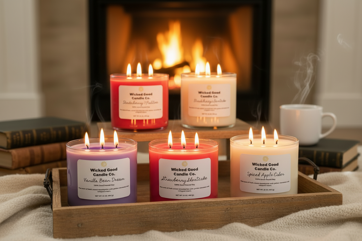 Wicked Good Candle Co. with purple in front and elevated back row
